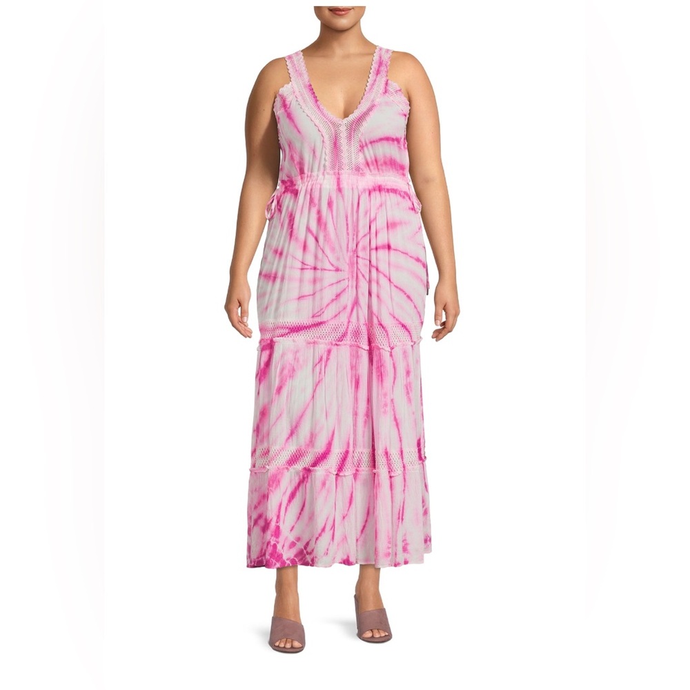 Romantic Gypsy Women's Plus Size Tie Dye Crochet Trim Maxi Dress